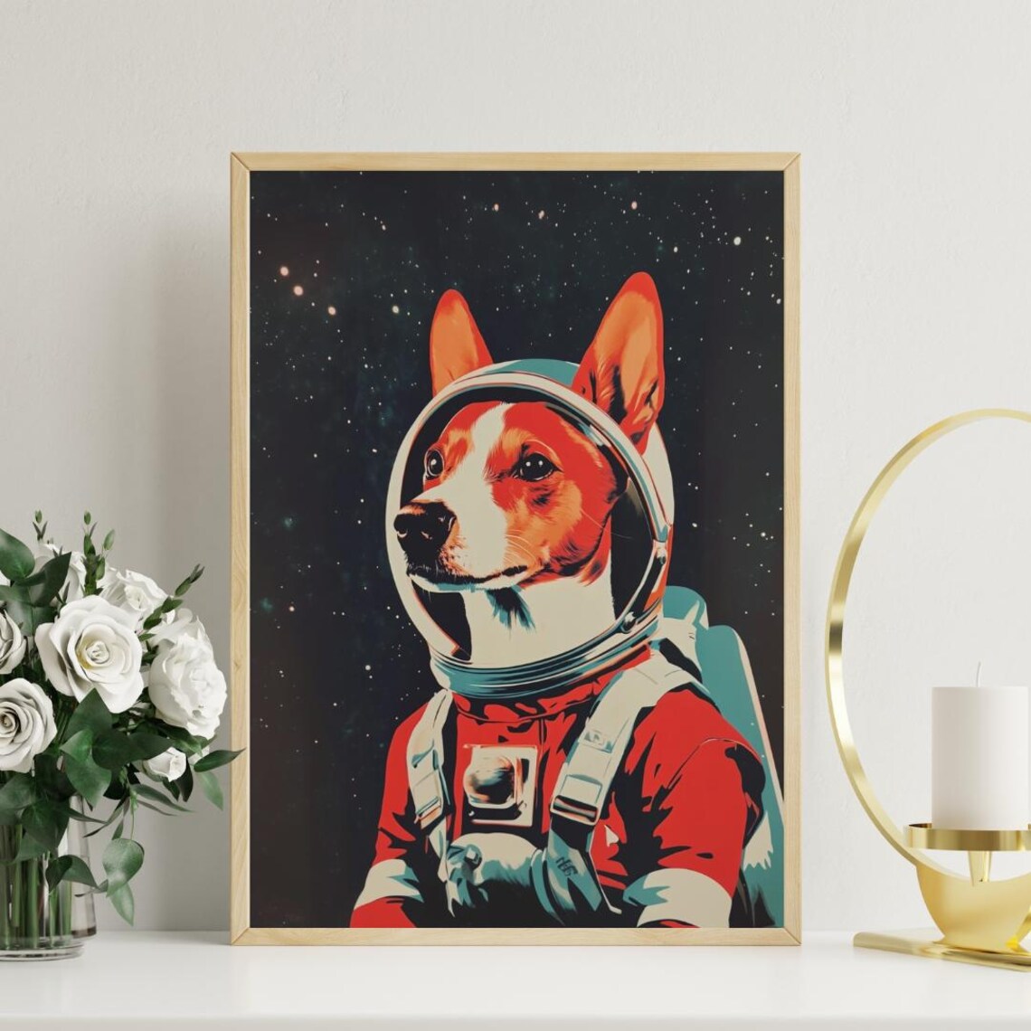 Basenji Astronaut Retro Red Space Suit Starry Night Portrait Poster - Image 3