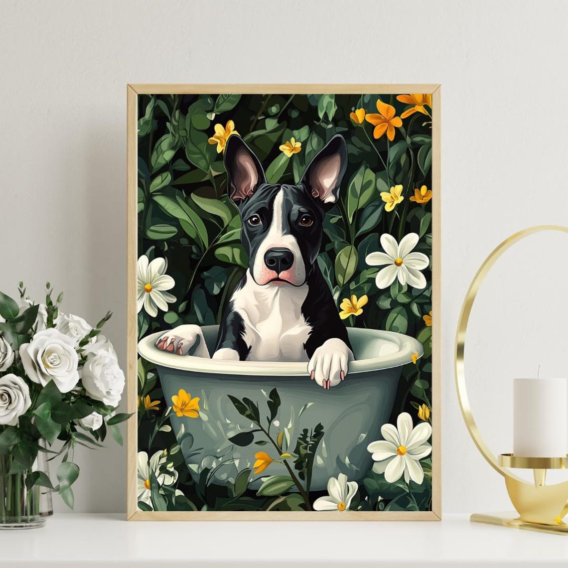 Bull Terrier in Bathtub Among Flowers Funny Floral Bathroom Dog Poster - Image 3
