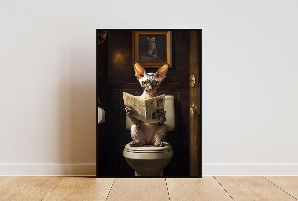 Funny Devon Rex Cat on Toilet Reading Newspaper Bathroom Poster