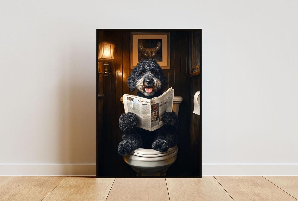 Portuguese Water Dog On Toilet Poster Dog Poster Portuguese Water Dog Bathroom Print Dog Toilet Wall Art Portuguese Water Dog Portrait