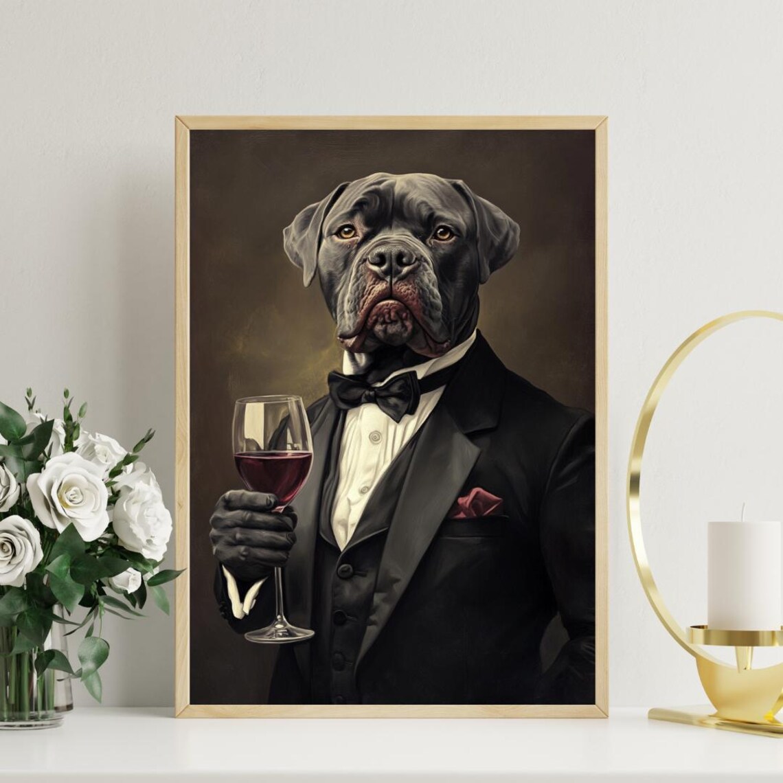 Cane Corso in Classic Black Tuxedo Raising a Glass of Red Wine Poster - Image 3