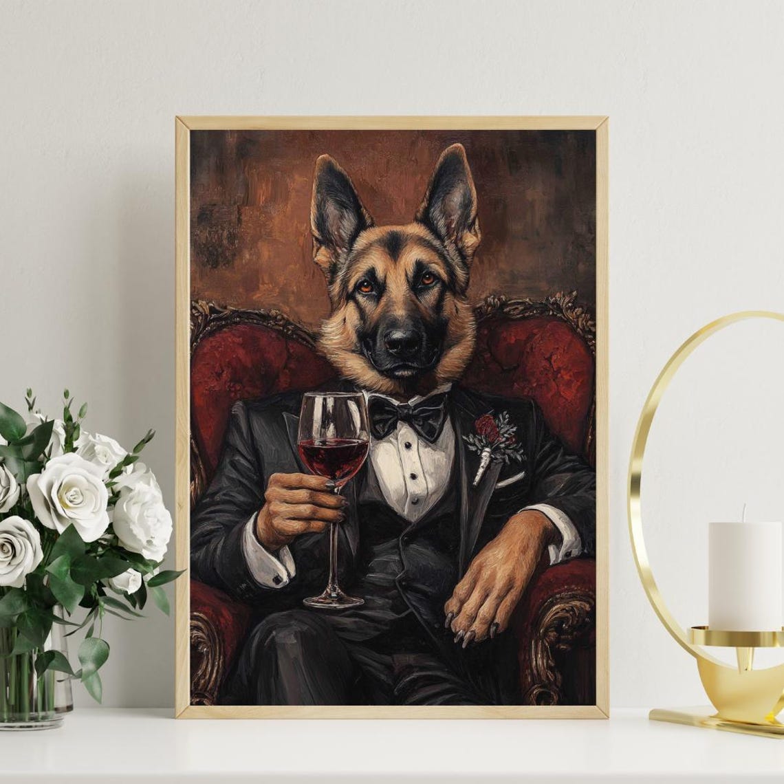 German Shepherd in a Tuxedo Seated in a Red Armchair with Wine Poster - Image 3