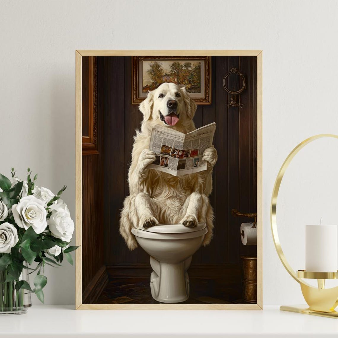 Great Pyrenees On Toilet Reading Newspaper Funny Bathroom Poster - Image 3