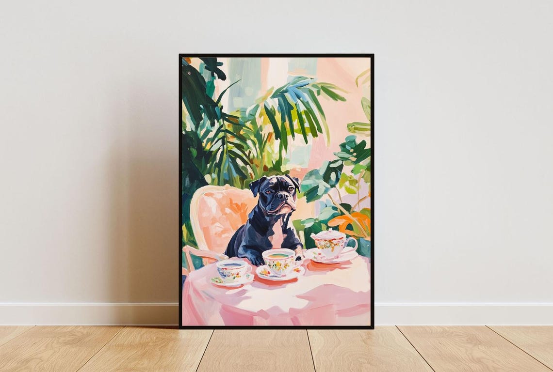Cane Corso Dog Garden Tea Party Pastel Oil Painting Style Poster