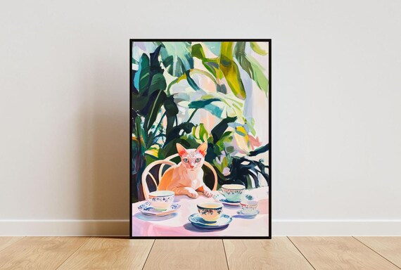 Hairless Cat at Tea Table Whimsical Pet Painting Portrait Poster