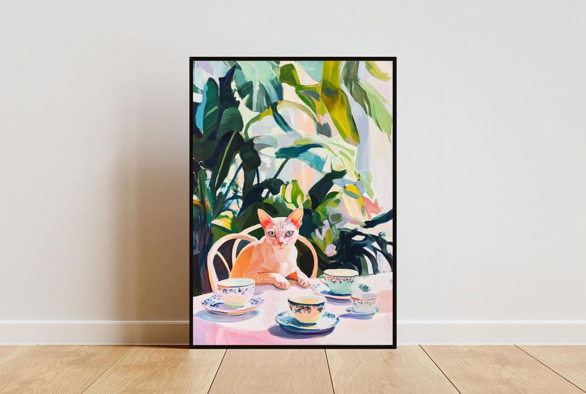 Hairless Cat at Tea Table Whimsical Pet Painting Portrait Poster