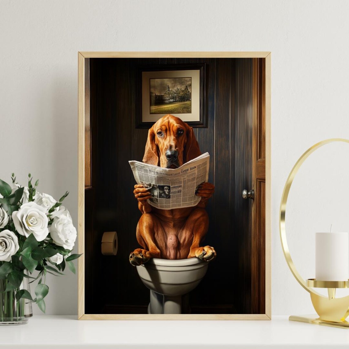 Funny Bloodhound Dog on Toilet Reading Newspaper Bathroom Art Poster - Image 3