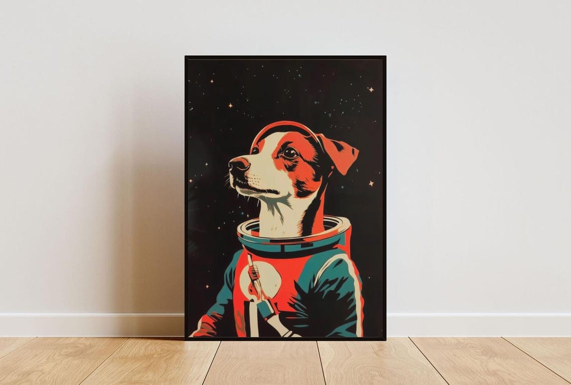 Dog Astronaut Starry Night Vintage Retro Space Portrait Art Poster