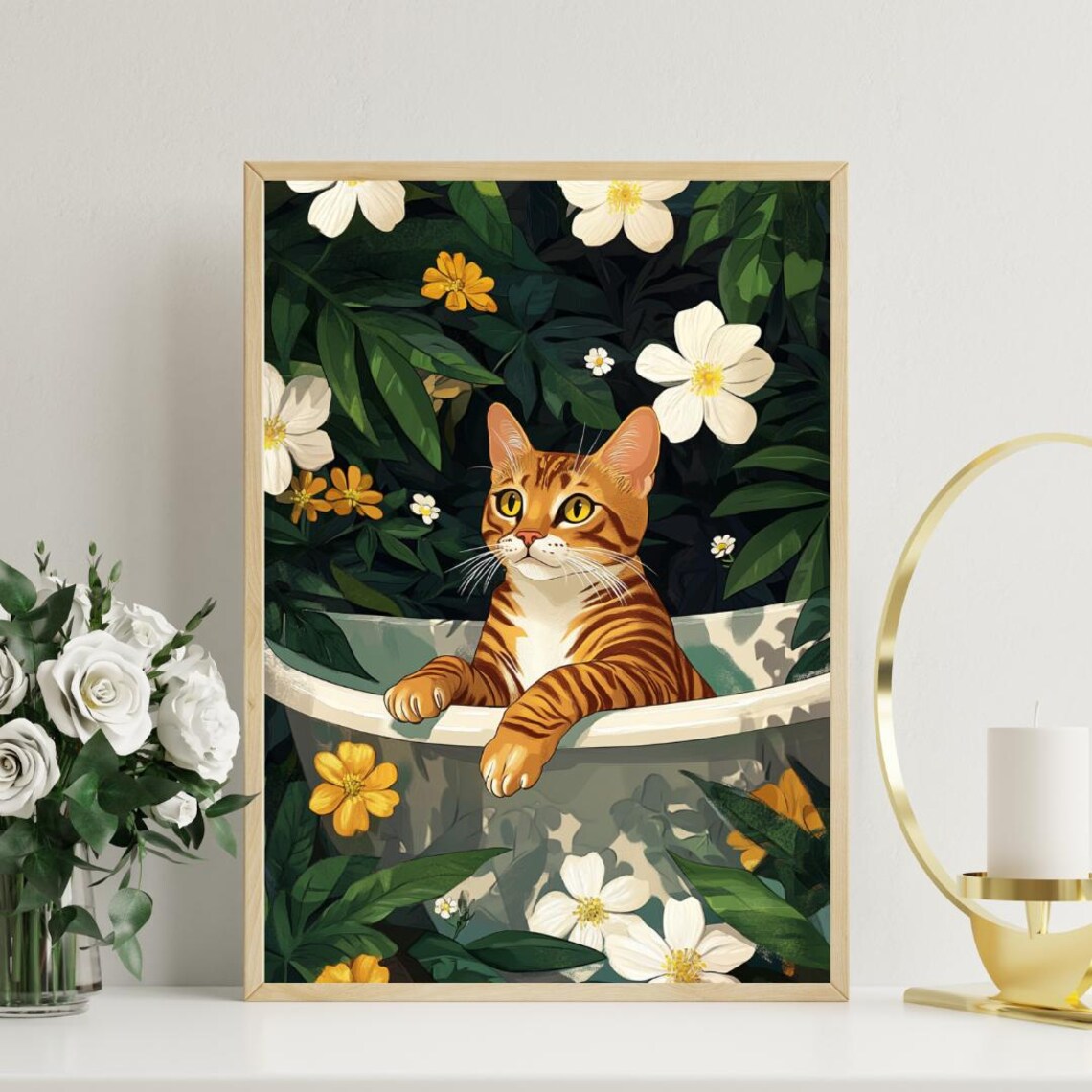 Bengal Cat in Bathtub Botanical Bathroom Poster Funny Exotic Room Decor - Image 3