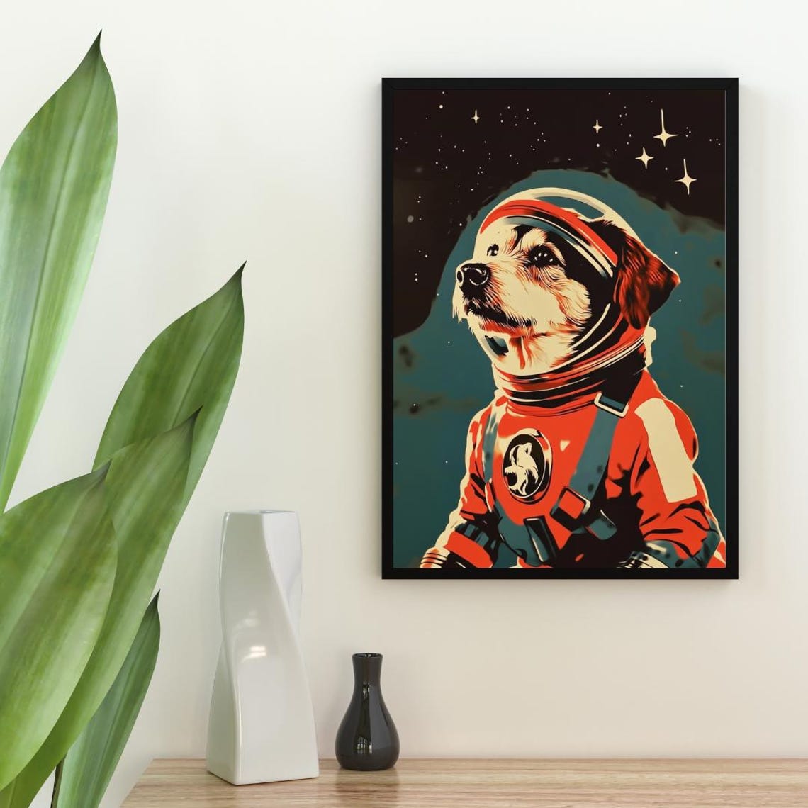 Small Dog Astronaut Vintage Retro Planet Starry Space Art Poster - Image 2
