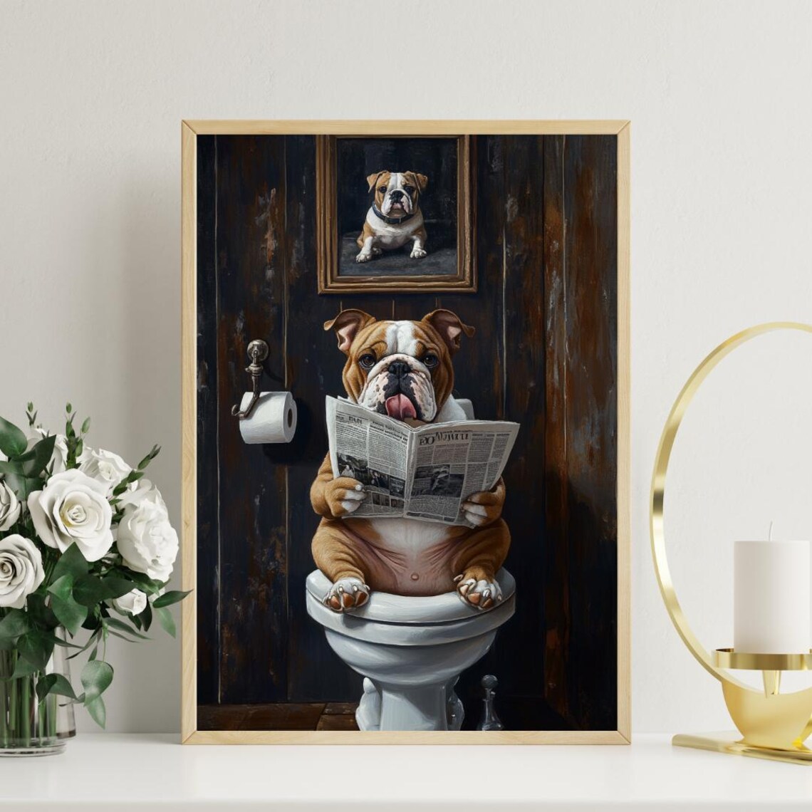 Bulldog On Toilet Poster, Dog Bathroom Art Print - Image 3