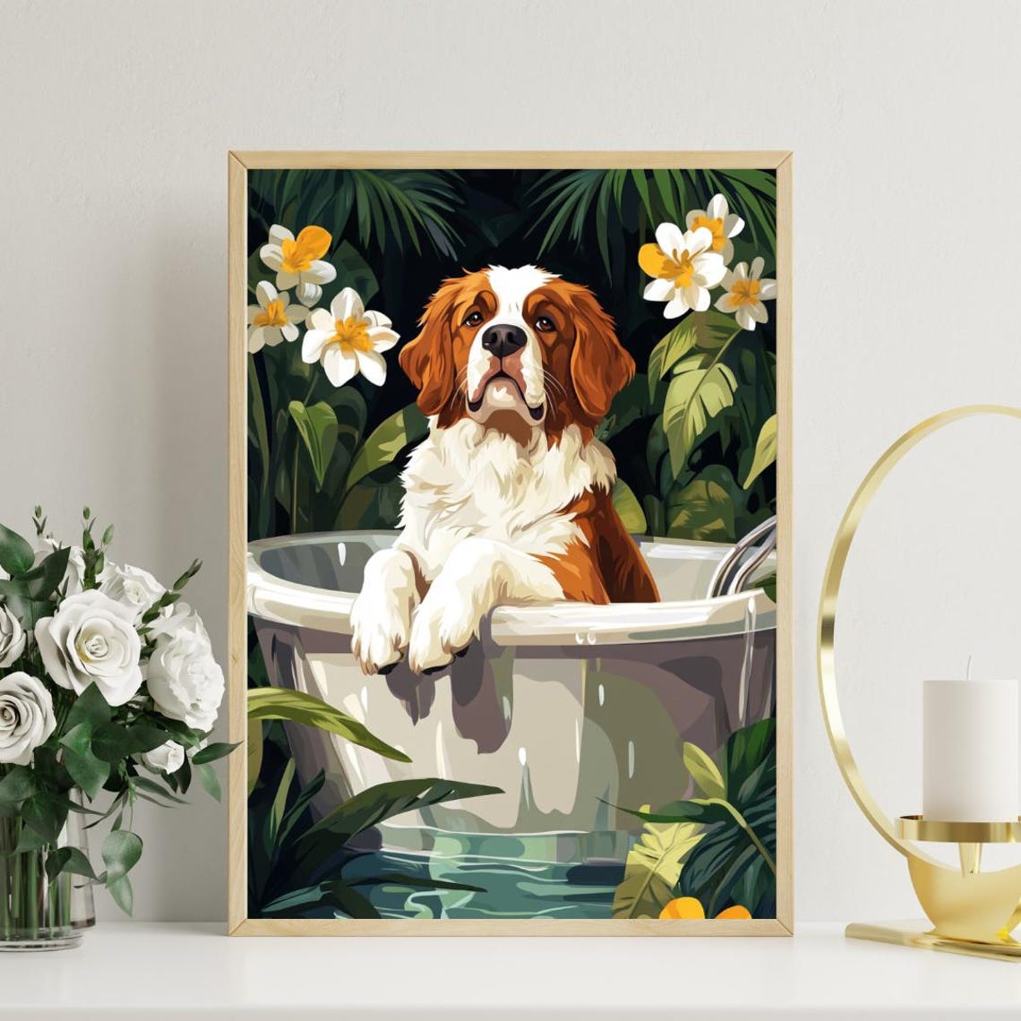 Saint Bernard Relaxing In Bathtub With White Flowers Dog Poster - Image 3