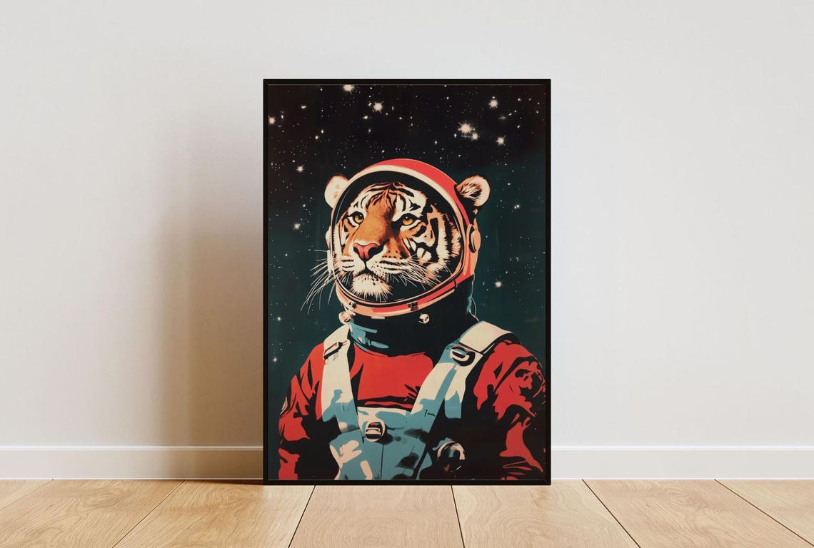 Tiger Astronaut Vintage Retro Starry Space Portrait Poster Art