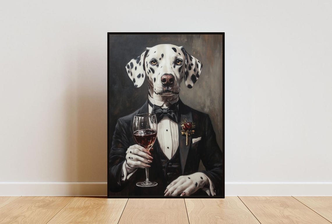 Dalmatian In Tuxedo Poster Pet Poster Dalmatian In Suit Print Dog Dalmatian Portrait Dog Living Room Poster Funny Dalmatian Art Pet