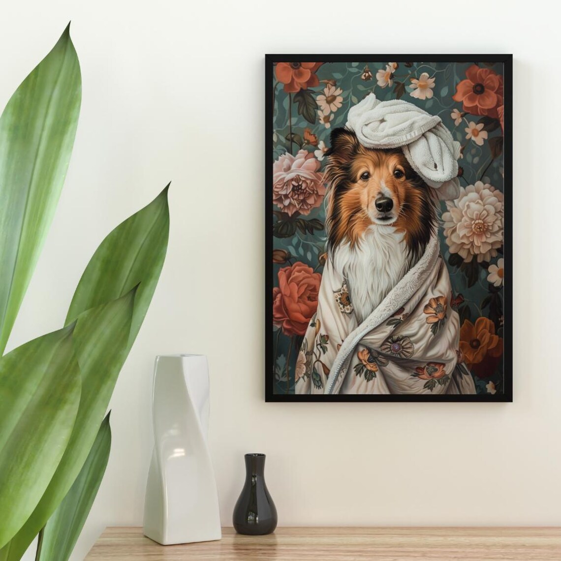 Shetland Sheepdog Bathrobe Dog Portrait Poster Cute Spa Floral Decor - Image 2