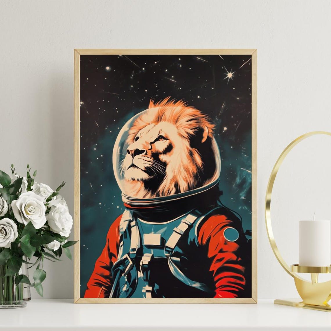 Lion Astronaut Vintage Retro Starry Space Portrait Poster Art - Image 3