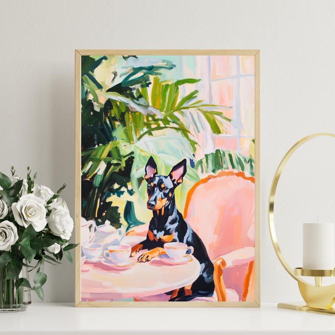 Doberman Pinscher Dog Garden Tea Party Pastel Painting Poster - Image 3