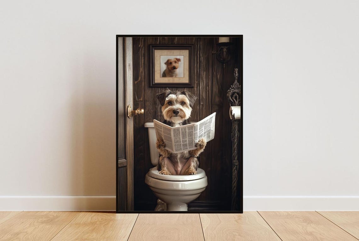 Wirehaired Pointing Griffon On Toilet Reading Newspaper Poster
