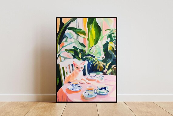 Oriental Shorthair Cat Tea Party Colorful Oil Painting Vintage Poster