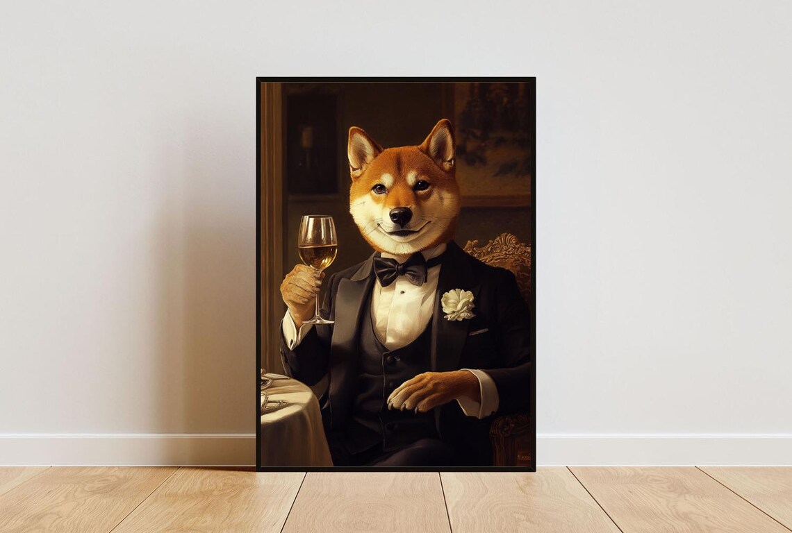 Shiba Inu Dog In Tuxedo Holding White Wine Smiling Fox Portrait Poster