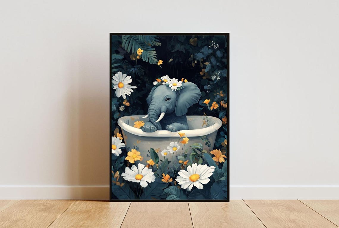 Baby Elephant Bathtub Daisy Crown Botanical Dark Art Vintage Poster