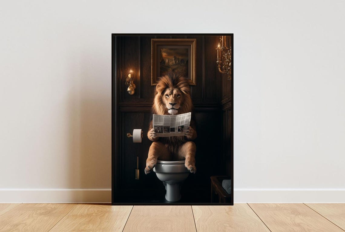 Lion On Toilet Poster Animal Poster Lion Bathroom Print Animal Toilet Wall Art Lion Portrait Animal Bathroom Poster Lion Print