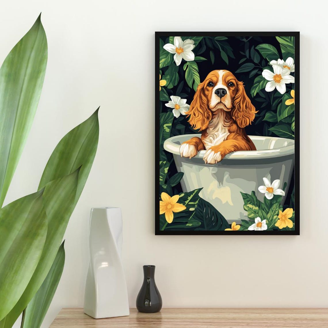English Cocker Spaniel in Bathtub Cute Dog Bathroom Floral Art Poster - Image 2