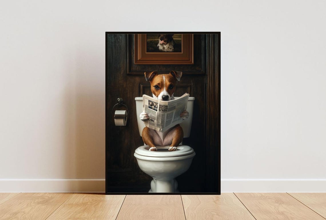 Russell Terrier On Toilet Poster Dog Poster Russell Terrier Bathroom Print Toilet Wall Art Jack Russell Portrait Dog Bathroom Poster