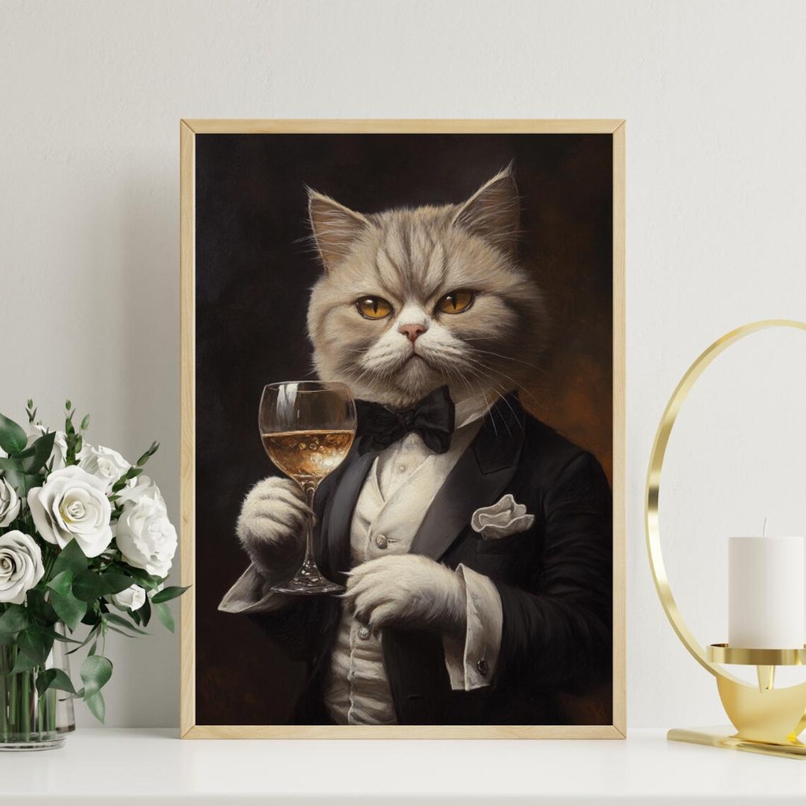 Exotic Shorthair Cat In Tuxedo Holding White Wine Bow Tie Portrait Poster - Image 3