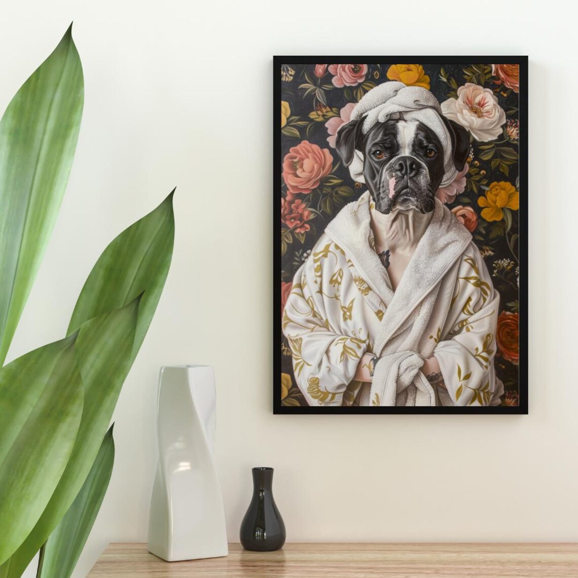 Boxer In Bathrobe Bathroom Dog Portrait Art Print - Image 2