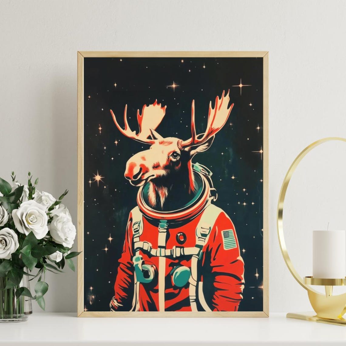 Moose Astronaut Vintage Retro Starry Space Portrait Poster Art - Image 3