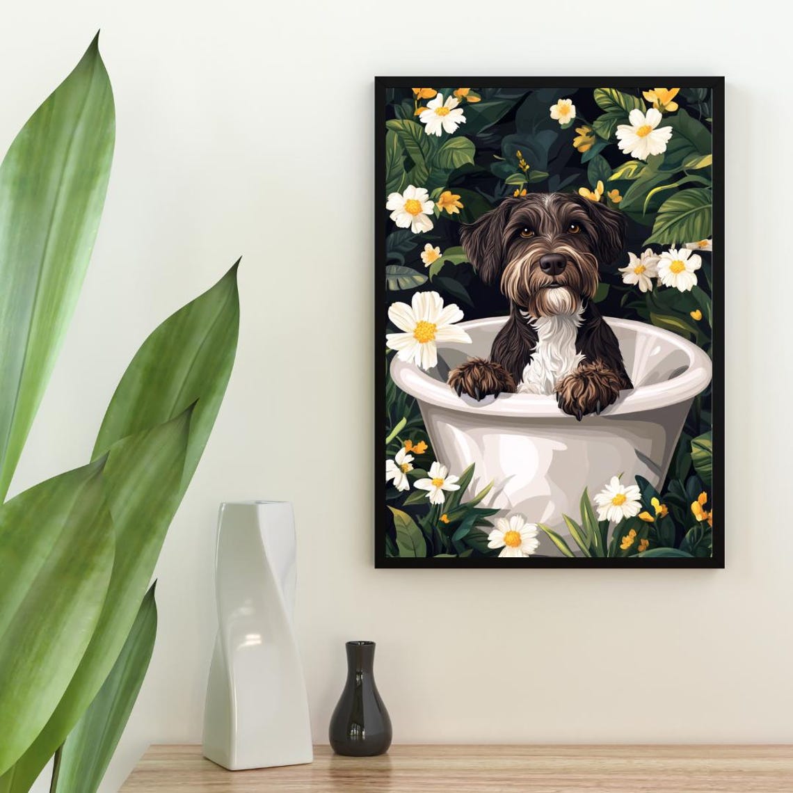 Wirehaired Pointing Griffon Bathtub Daisy Bath Dog Art Poster - Image 2