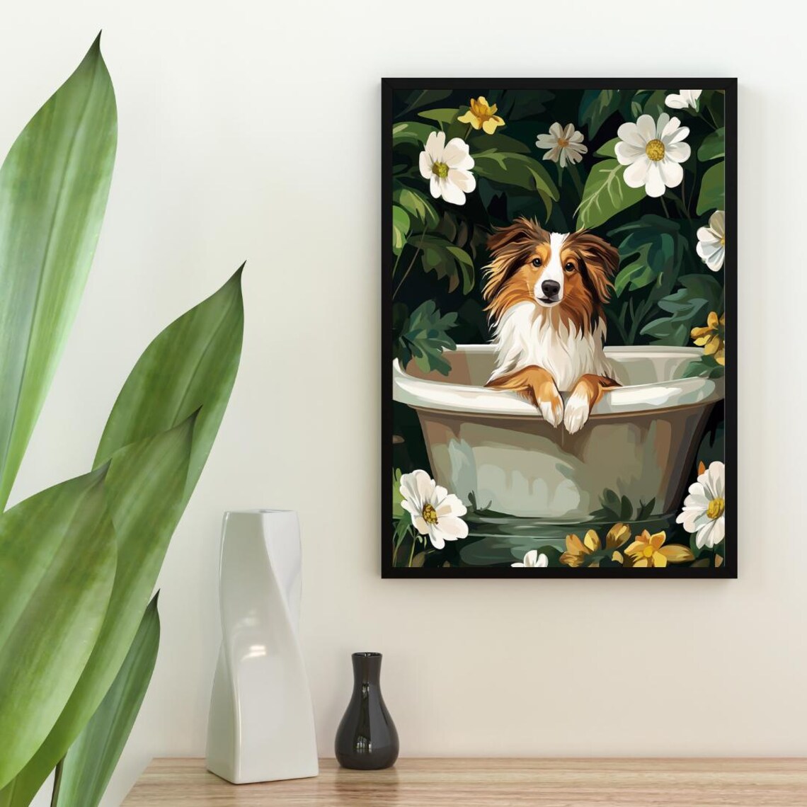 Shetland Sheepdog in Bathtub Fluffy Dog Bathroom Floral Art Poster - Image 2