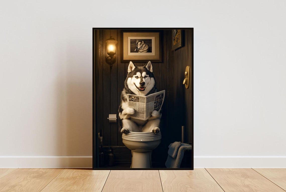 Alaskan Malamute on a Toilet Reading a Newspaper in a Bathroom Poster