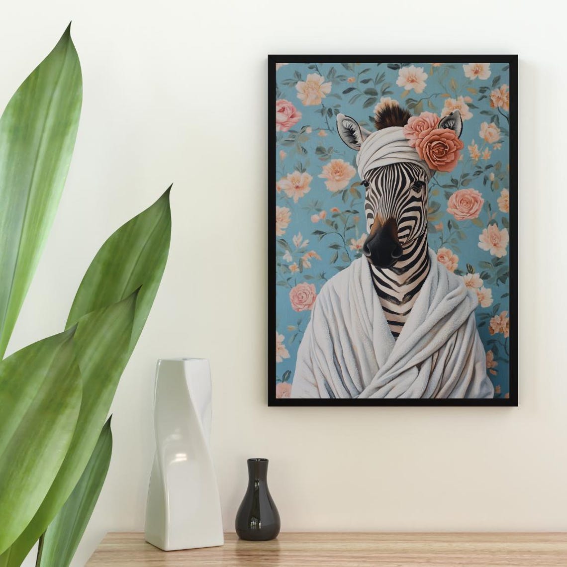 Zebra In White Bathrobe With Rose Towel Turban Funny Animal Poster - Image 2