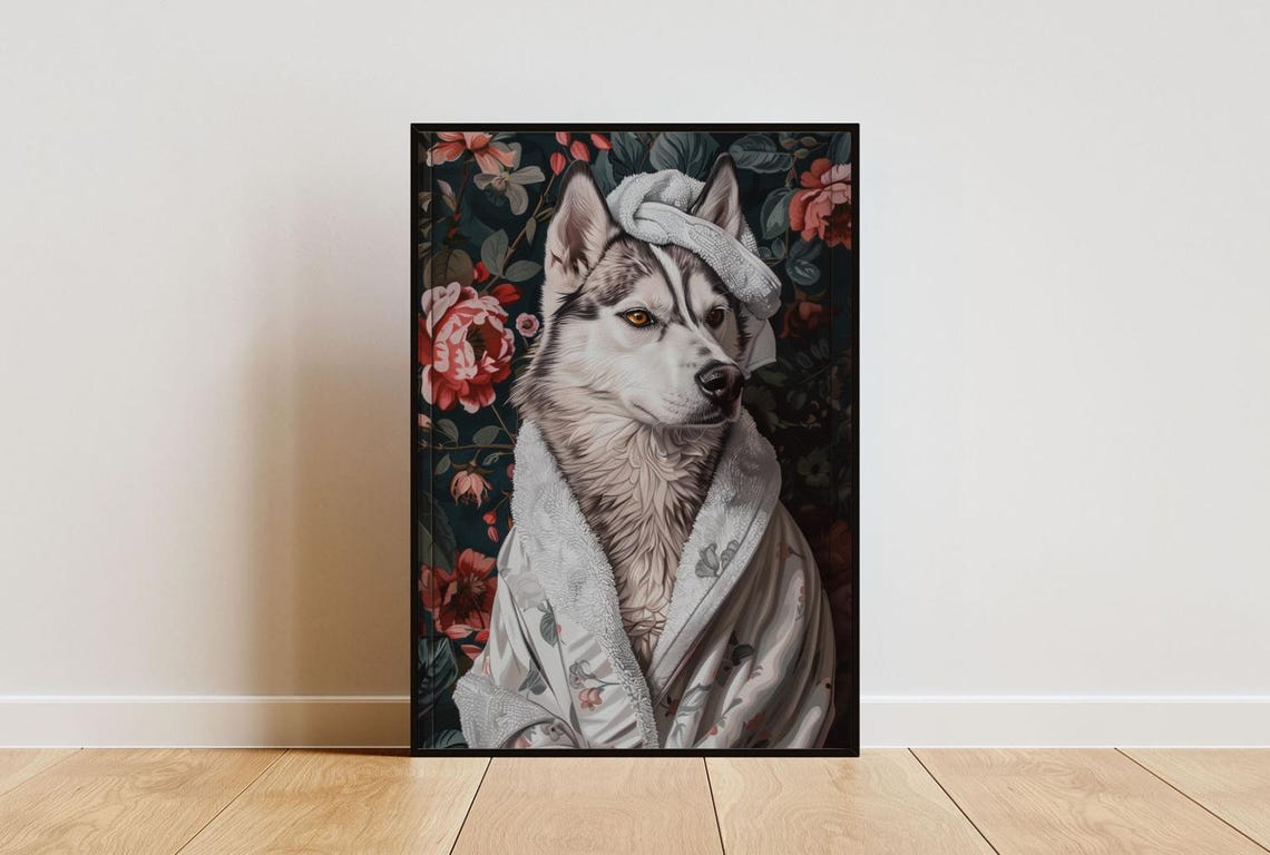 Striking Siberian Husky Dog in Bathrobe Fun Bathroom Spa Day Poster