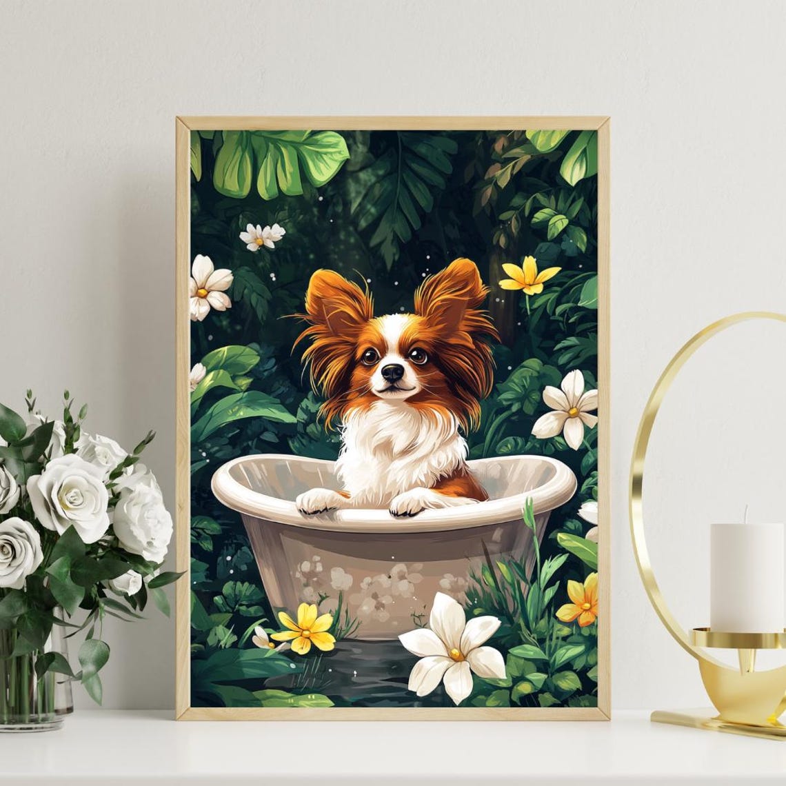 Papillon Relaxing In Floral Bathtub Cute Small Butterfly Dog Poster - Image 3