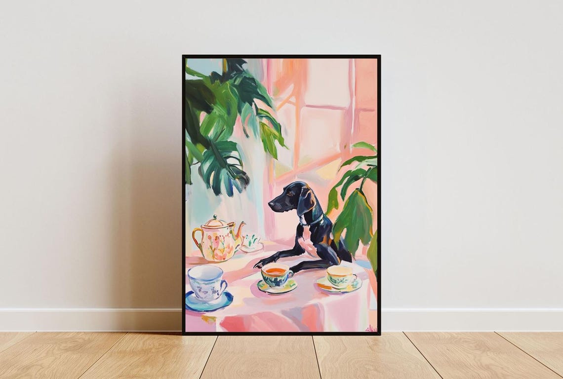 German Shorthaired Pointer Tea Party Pastel Painting Style Poster