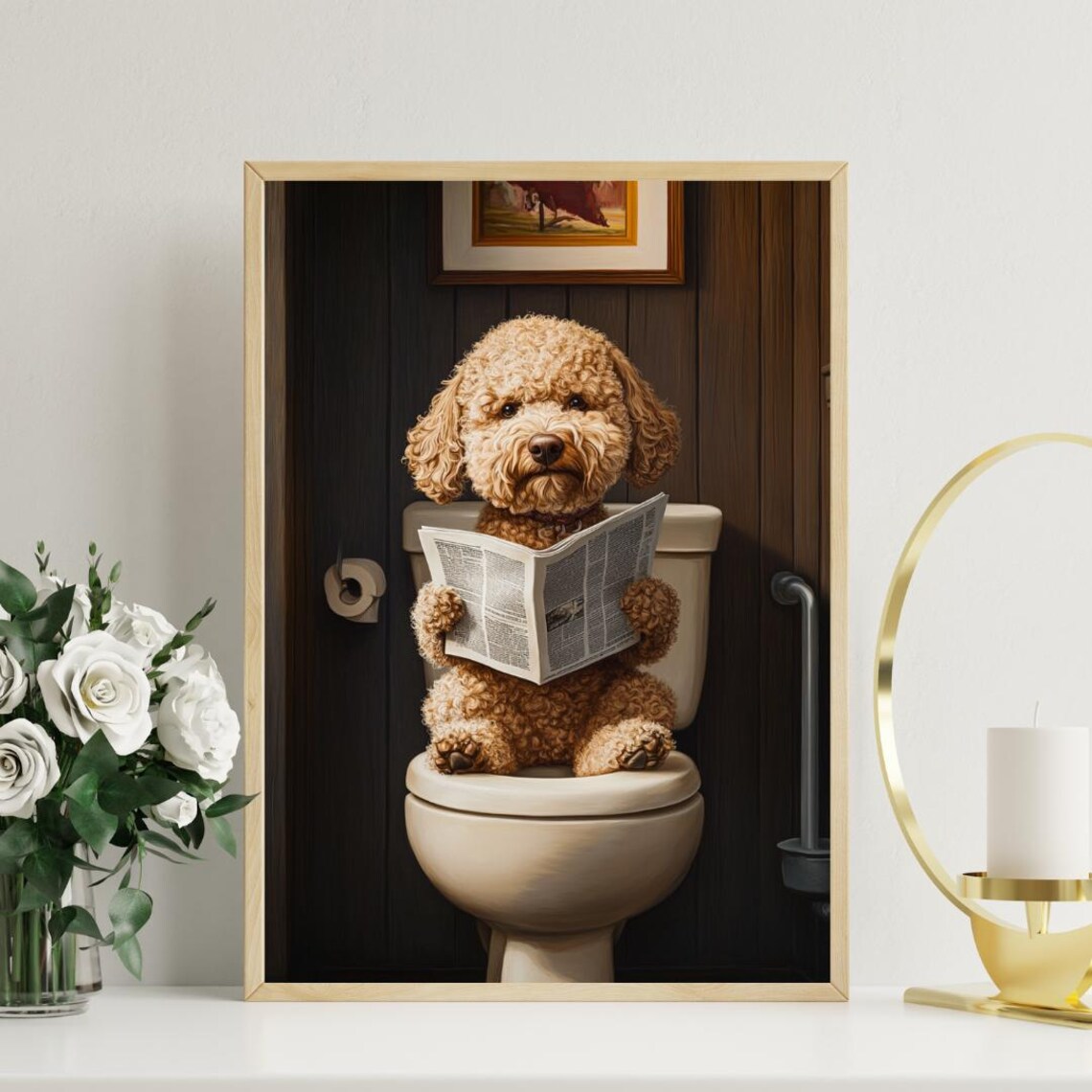 Lagotto Romagnolo on a Toilet Reading a Newspaper in a Bathroom Poster - Image 3