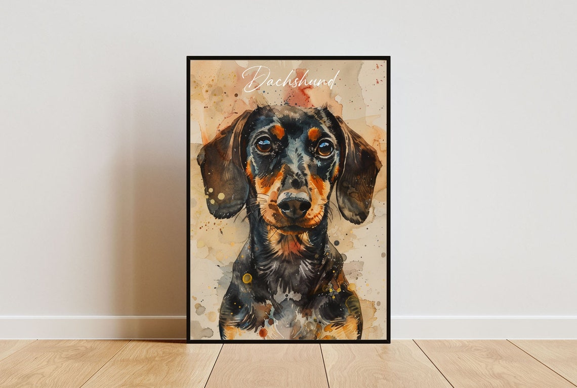 Dachshund Watercolor Dog Breed Portrait Poster Script Name Detail