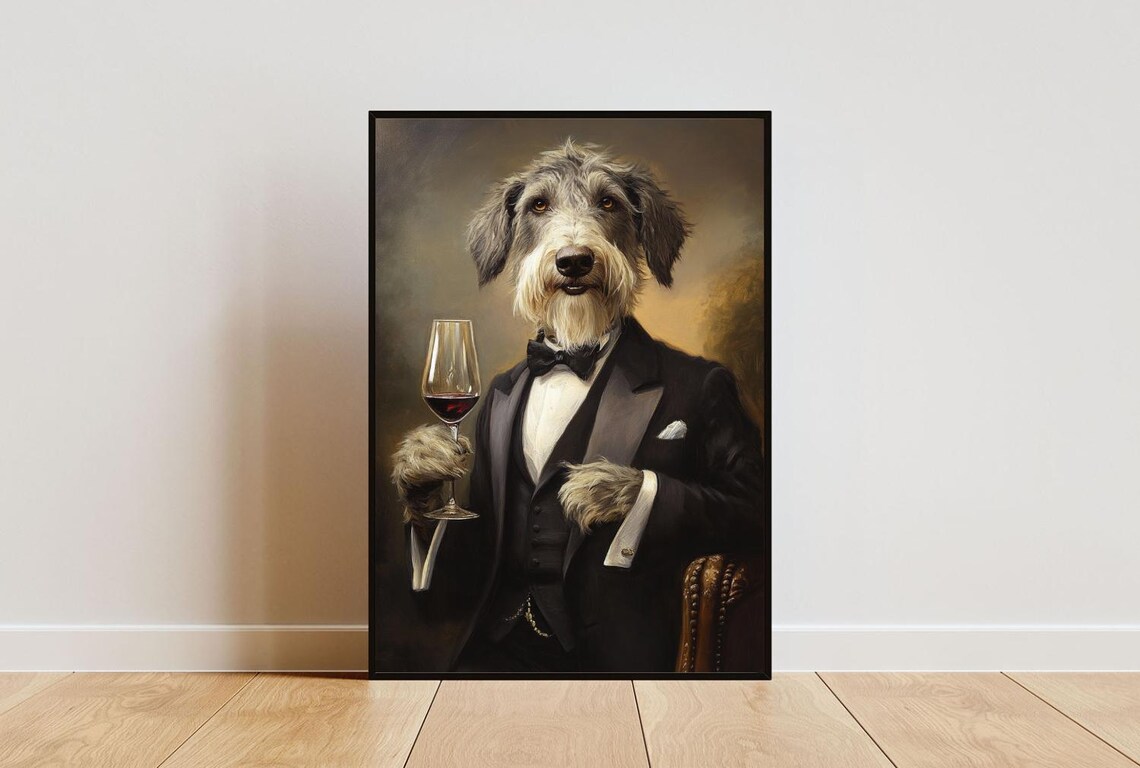 Irish Wolfhound In Tuxedo Holding Red Wine Glass Dog Portrait Poster