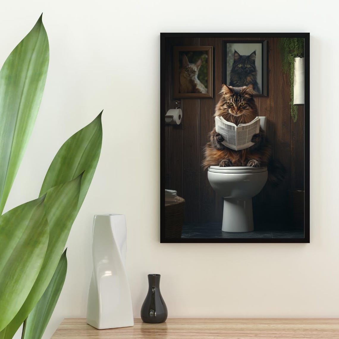 Norwegian Forest Cat On Toilet Reading Newspaper Funny Bathroom Poster - Image 2