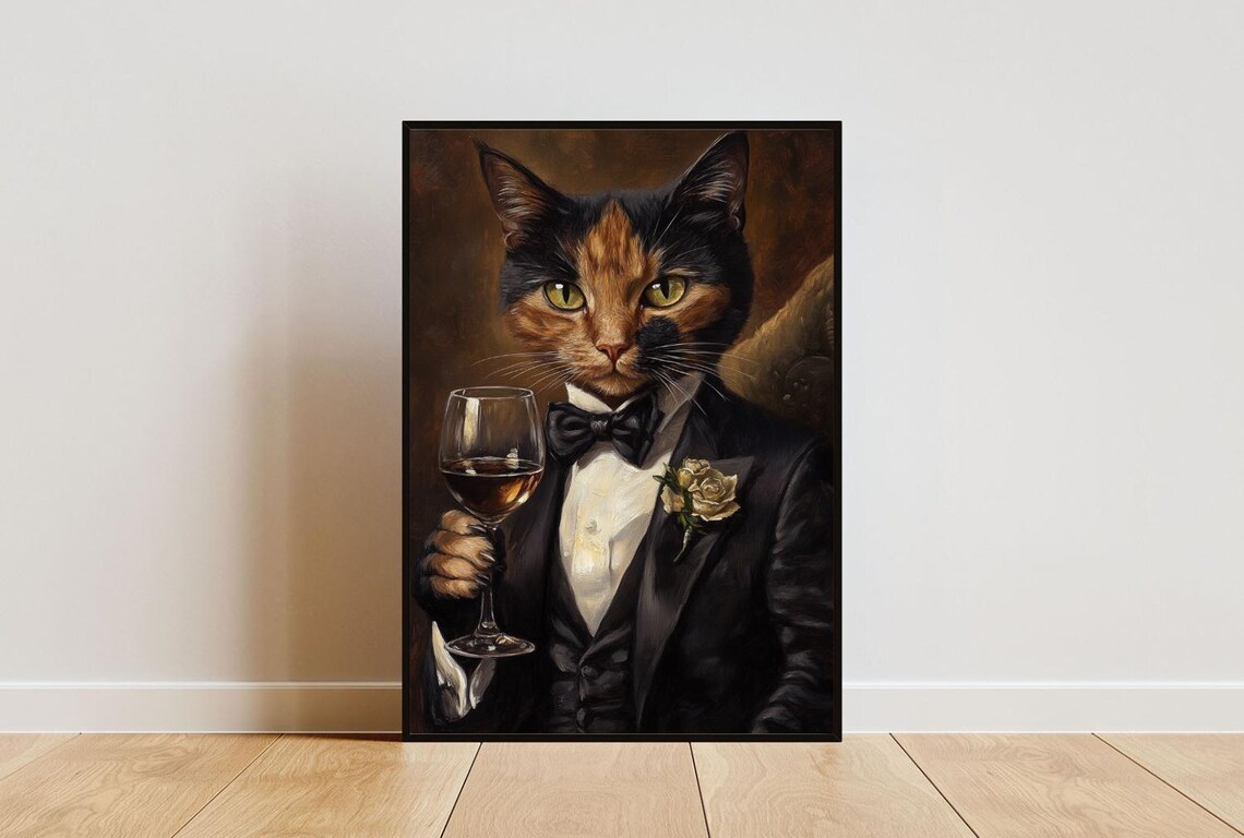 Tortoiseshell Cat In Tuxedo Holding White Wine Glass Formal Feline Portrait Poster