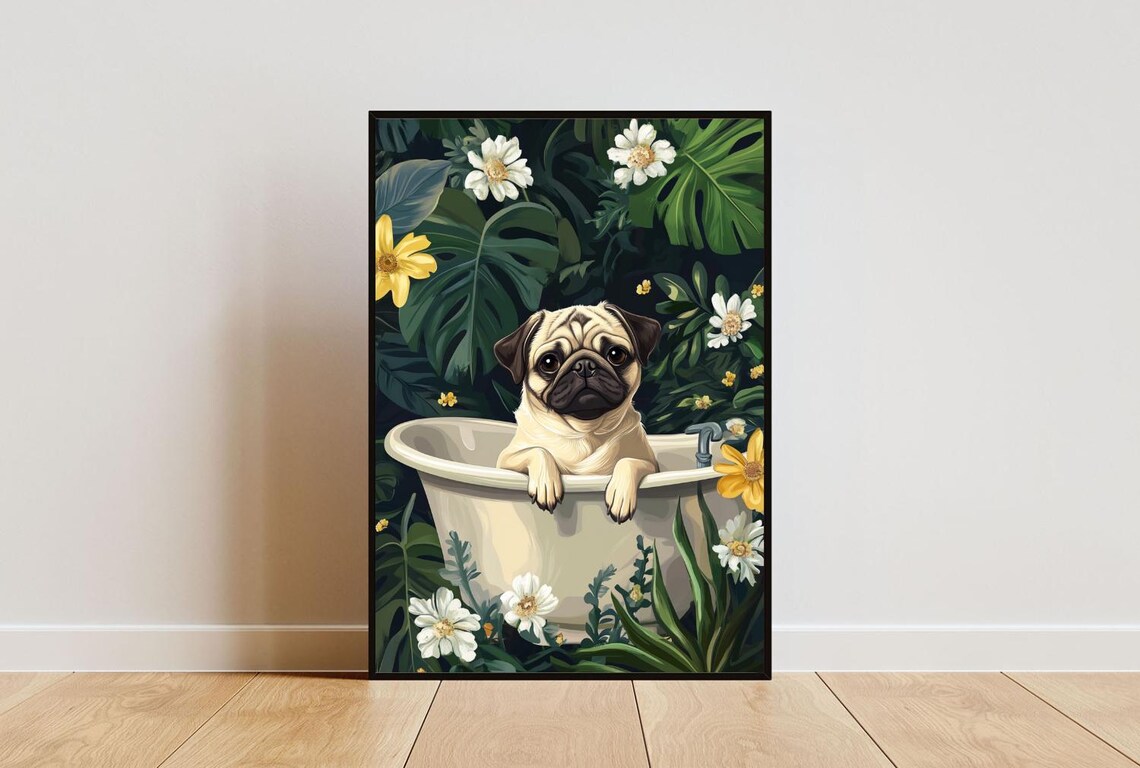 Pug in Bathtub Funny Dog Bathroom Tropical Leaves Floral Art Poster