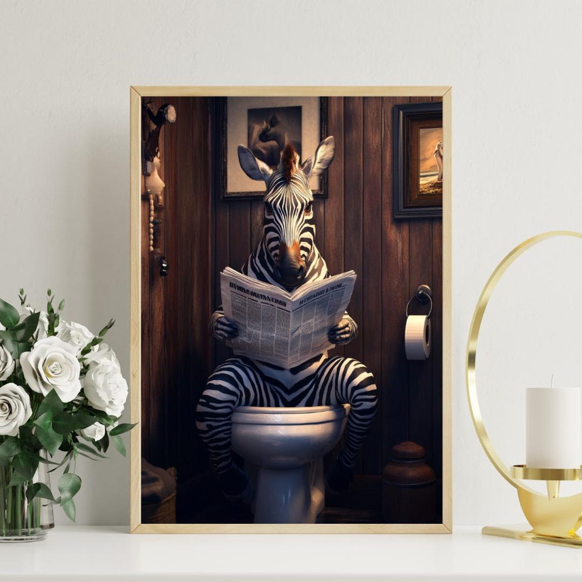 Zebra on a Toilet Reading a Newspaper in a Rustic Bathroom Poster - Image 3