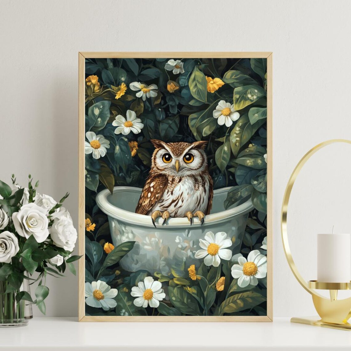 Owl In Bathtub Funny Animal Bathroom Art Print - Image 3