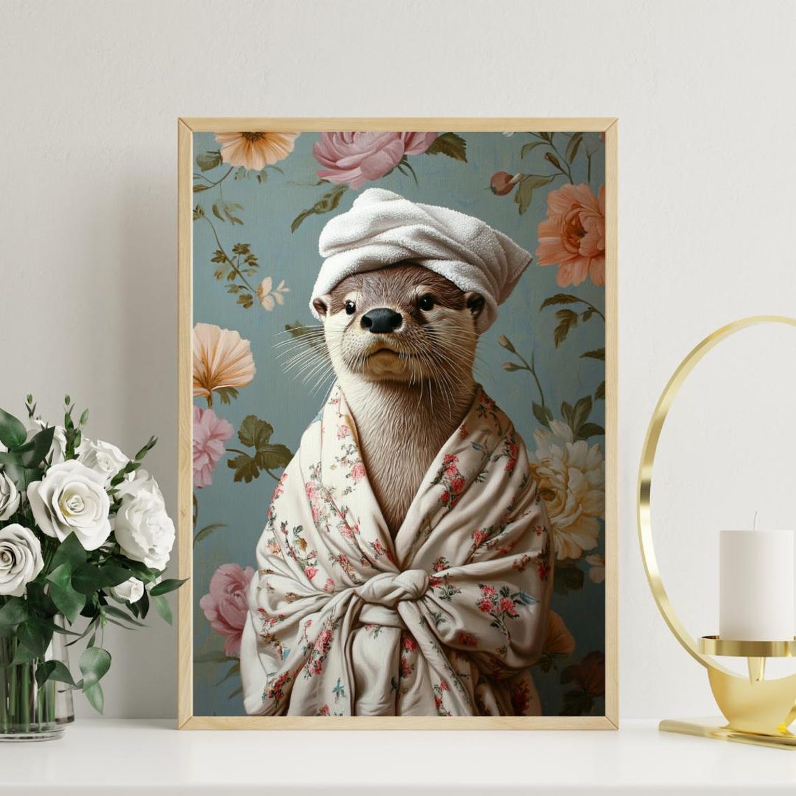 Otter In Floral Bathrobe With Towel Turban Funny Animal Poster - Image 3