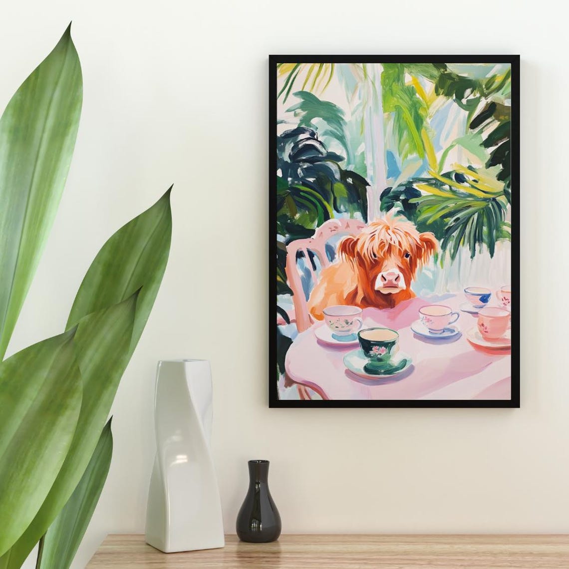 Highland Cow at Tea Table Whimsical Farm Animal Painting Poster - Image 2