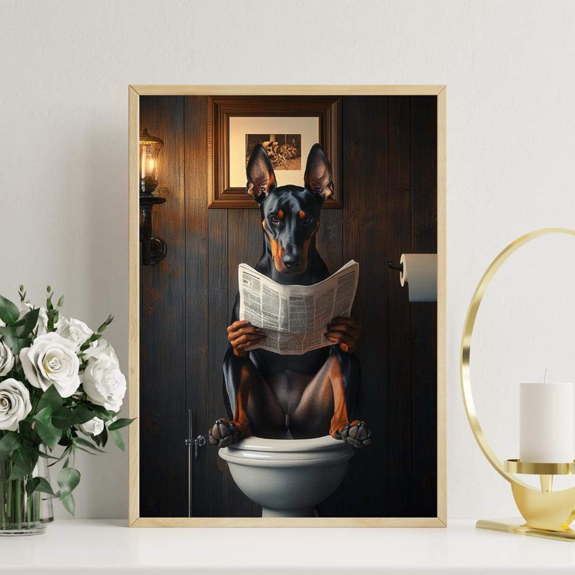 Doberman Pinscher On Toilet Reading Newspaper Funny Bathroom Poster - Image 3