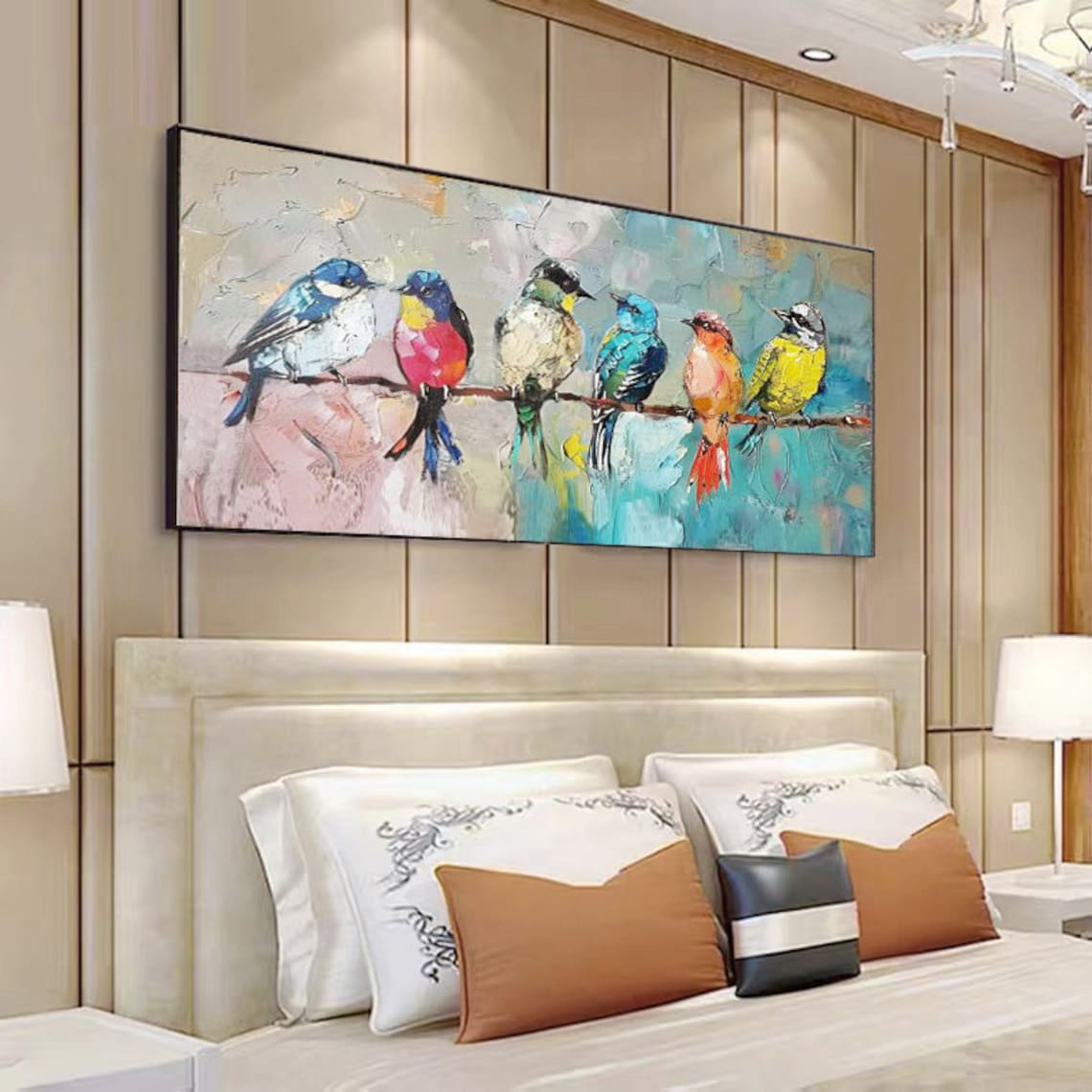 Colorful Birds on Branch Oil Painting, Abstract Art - Image 3